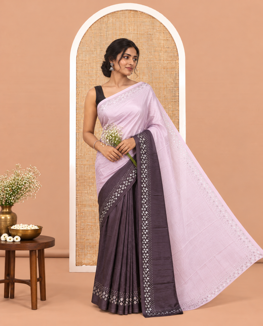 Brown Ombre-Dyed Ready-Made Satin Crepe Saree, a Sequined Work Border, Self-Pallu, and a Contrast Blouse