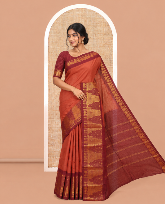 Brown Plain Sungudi Cotton Saree