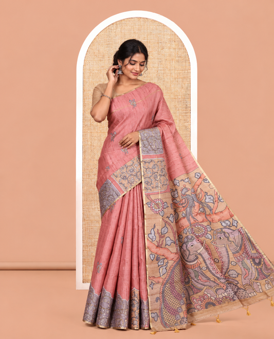 Rust Kalamkari Print Fancy Tussar Saree