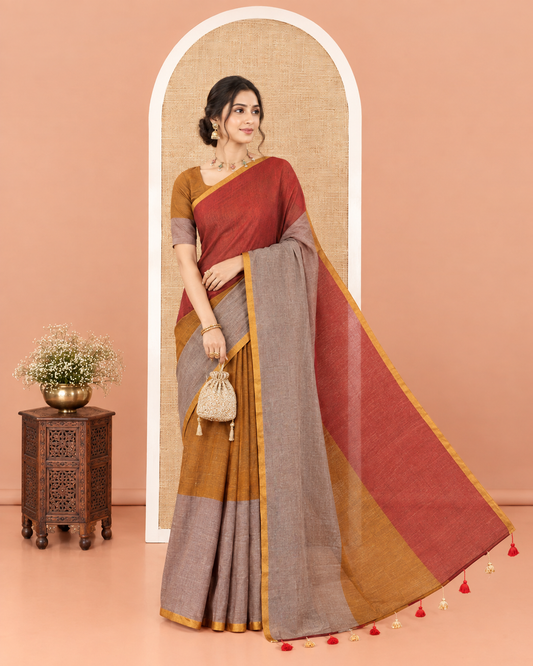 Borderless Maroon Plain Khadi Mul Cotton Saree, Adorned with Ombre-Style Stripes, Self-Pallu, and Paired with a Matching Blouse