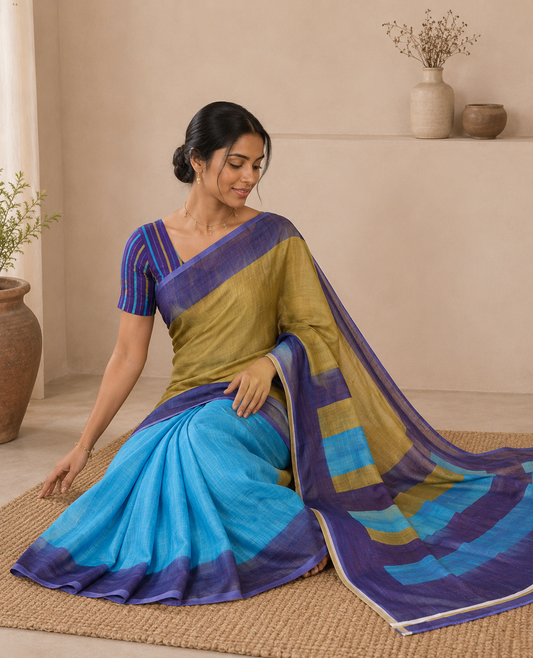 Multi-color Linen Saree, Subtly Sparkled with Stripes on Its Body, Complemented by a Contrast Border, Subtly Striped Pallu, and Comes with a Contrast Blouse
