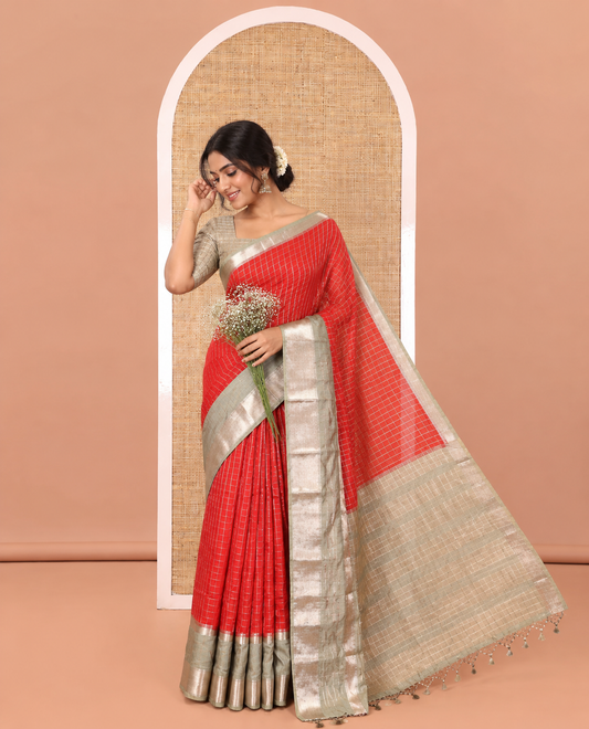 Red Assam Silk Saree, Decorated with Micro-Checked Zari Design All Over Its Body, Complemented by a Contrast Traditional Design Rettai Pettu Border, Zari Design Pallu, and Paired with a Contrast Blouse