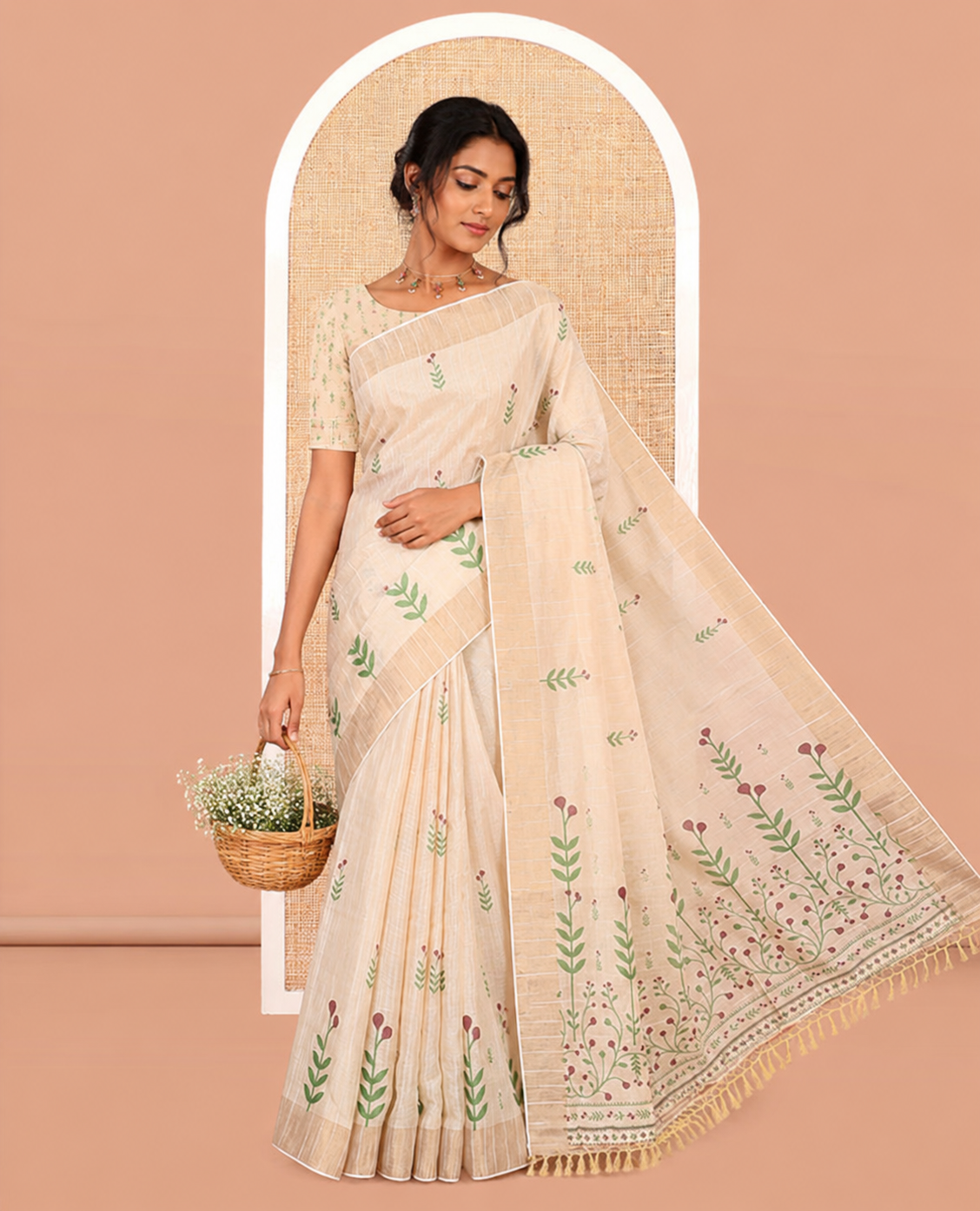 Cream-Wine Tissue Linen Cotton Saree Features Floral Buttas, a Zari Border, Floral Pallu, Matching Blouse