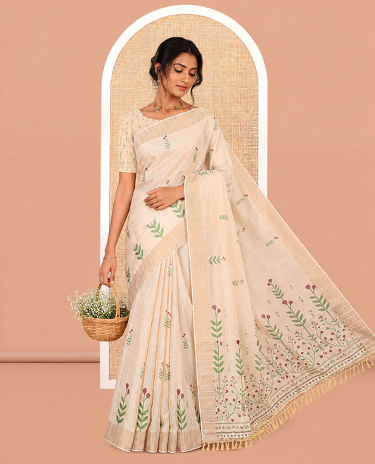 Cream-Wine Tissue Linen Cotton Saree Features Floral Buttas, a Zari Border, Floral Pallu, Matching Blouse