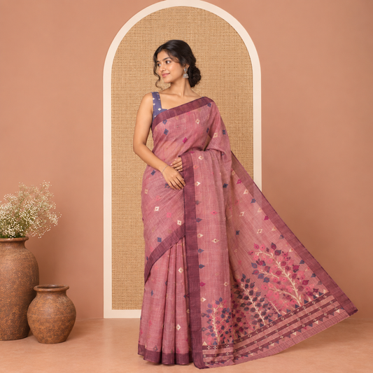 Purple Jute Cotton Saree, Adorned with Diamond Meena Buttas, a Contrast Border, Jamdhani Floral Pallu, and a Contrast Blouse