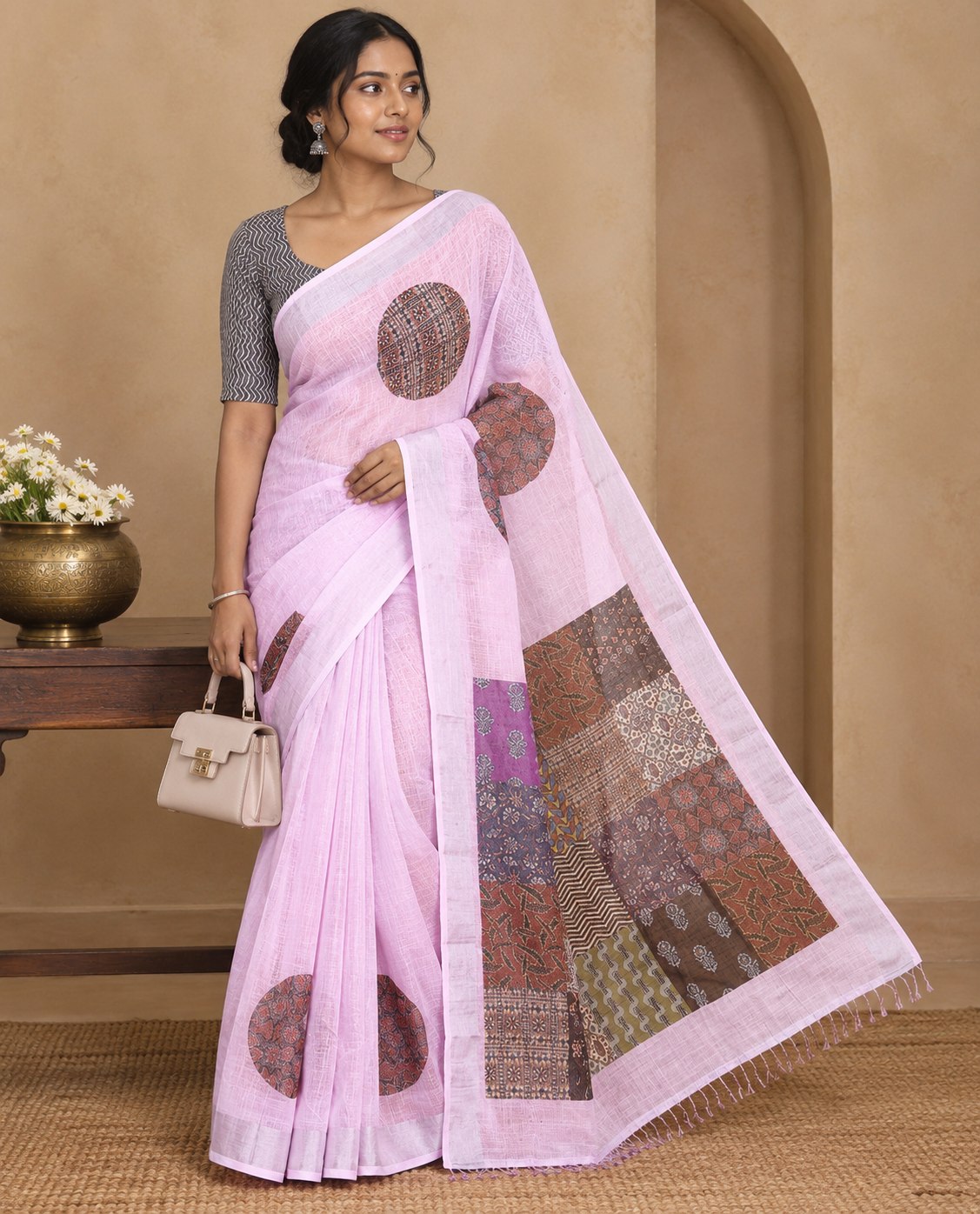 Dusky Pink Linen Cotton Saree Features Ajrakh Geometric Print, a Zari Border, Printed Pallu, Contrast Blouse