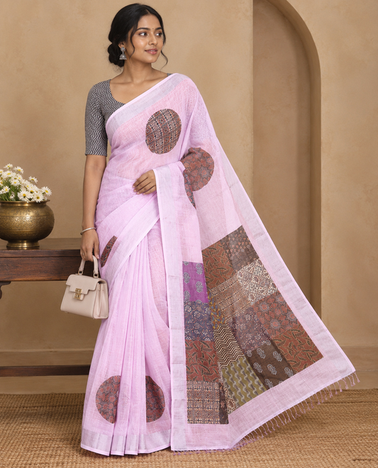 Dusky Pink Linen Cotton Saree Features Ajrakh Geometric Print, a Zari Border, Printed Pallu, Contrast Blouse