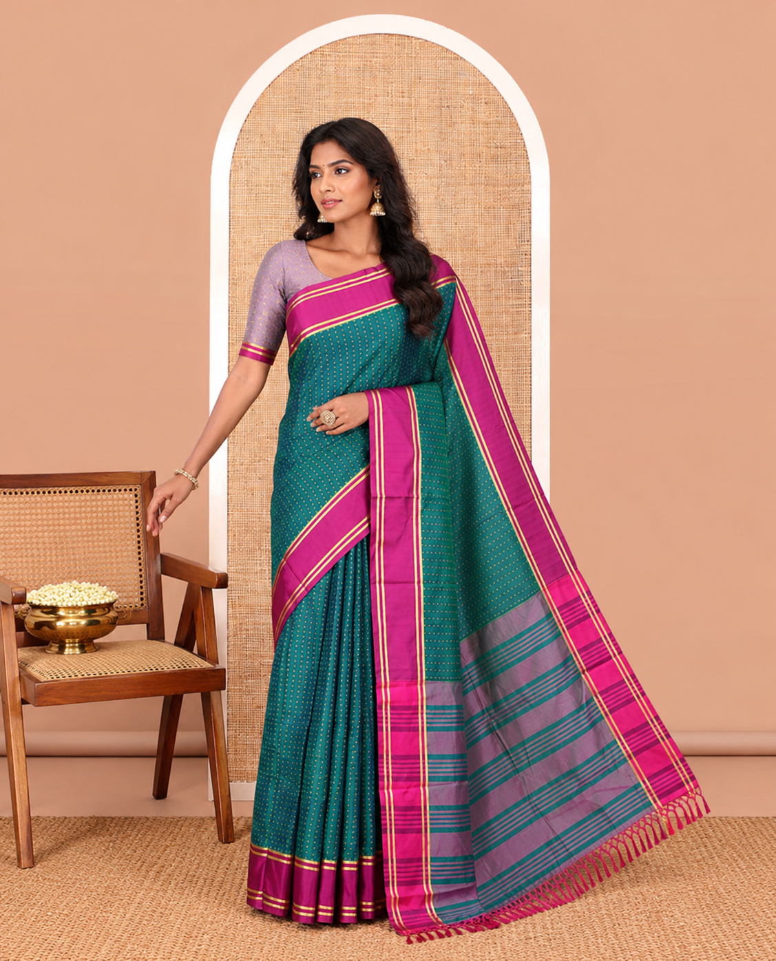 Peacock Green Semi-Soft Silk Saree Steeped with Plus-Shaped Buttas, Contrast Border, and a Matching Blouse