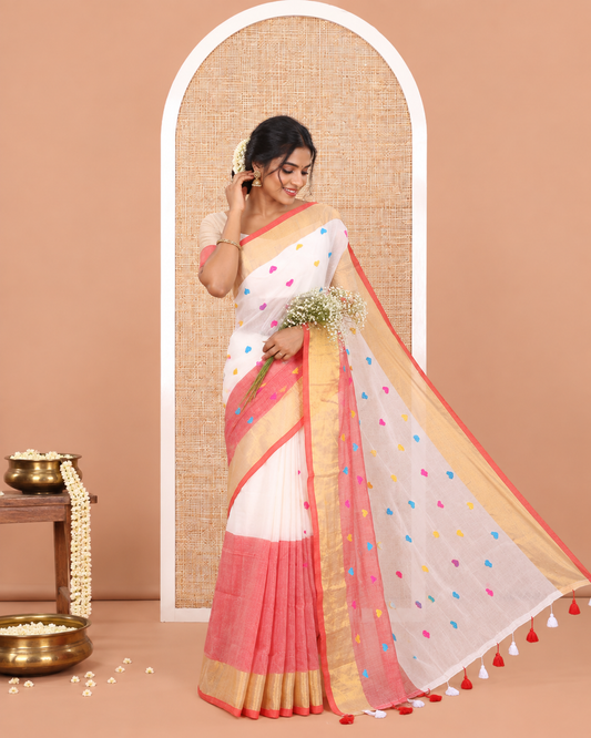 Cream-Peach Half-And-Half Heart Motifs Embroidered Khadi Cotton Saree, Contrast Bavanji Border, No Blouse