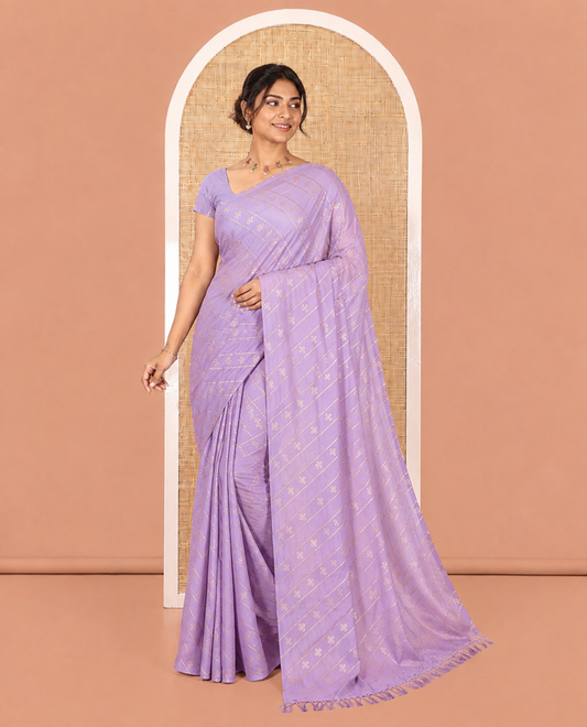 Borderless Lavender Vichitra Silk Saree, Gleamed Up with Floral Buttas and Leheriya-Style Foil Print on Its Body, a Self-Pallu, and Has No Blouse