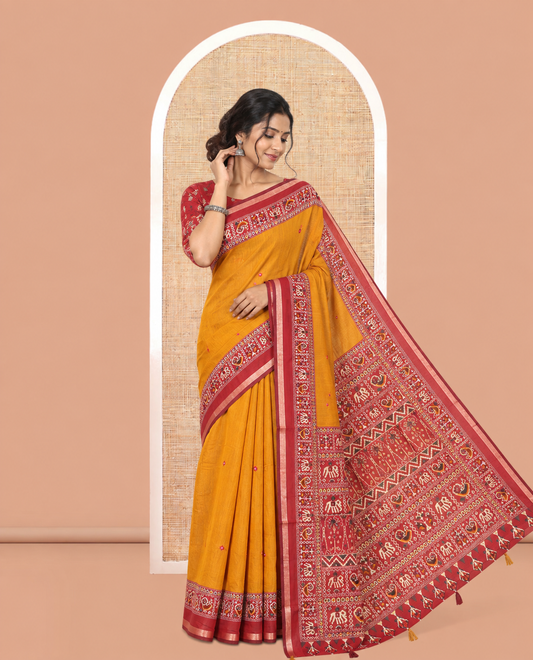 Mustard Manipuri Tussar Saree, Delicately Woven with Mirror Work, a Contrast Patola Animal Motif Border, Patola Pallu, a Contrast Blouse