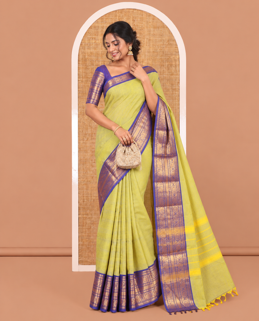 Green-Royal Blue Plain Chettinad Cotton Saree