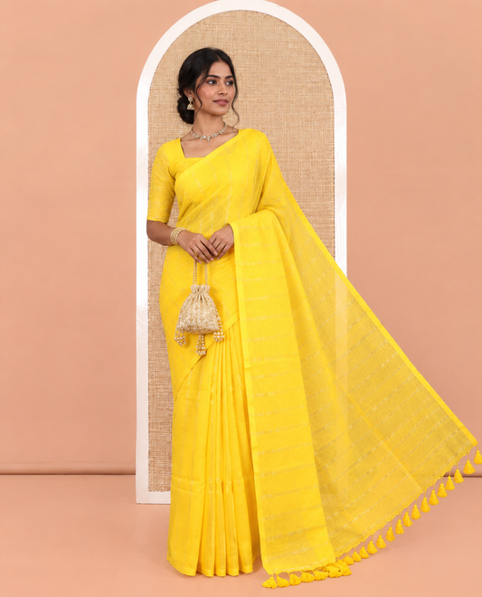 Borderless Yellow Khadi Mul Cotton Saree, Adorned with Vertical Zari Stripes, a Self-Pallu, and No Blouse