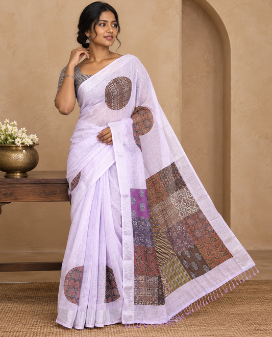 Lavender Linen Cotton Saree Features Ajrakh Geometric Print, a Zari Border, Printed Pallu, Contrast Blouse