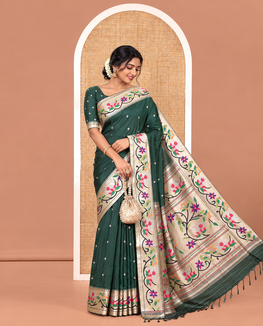 Green Paithani Art Silk Saree, Decked Up with Flower Buttas All Over Its Body, Highlighted by Zari Border Pictures Colorful Floral, and Parrot Designs, Pallu of Muniya, Floral and Parrot Designs, and Paired with a Matching Blouse