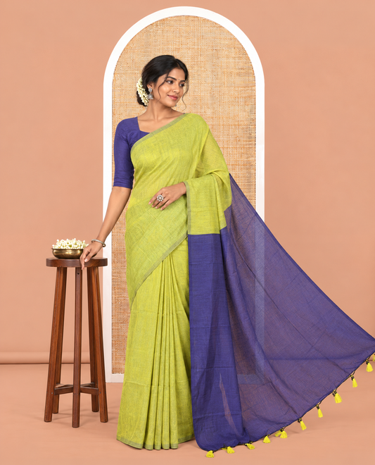 Borderless Mehendi Green-Royal Blue Plain Khadi Cotton Saree