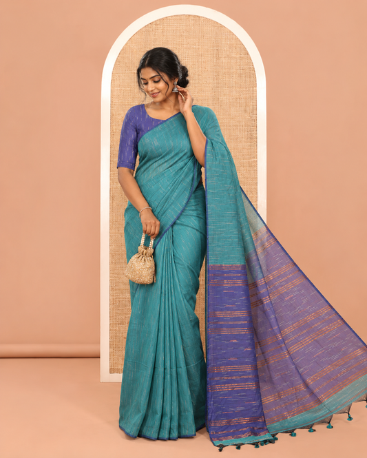 Borderless Rama Blue Khadi Cotton Saree