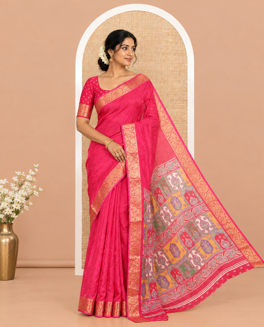 Rani Pink Embossed Moss Chiffon Saree, a Zari Floral-Paisley Vine Border, Contrast Mughal-Style Pallu, and a Matching Blouse