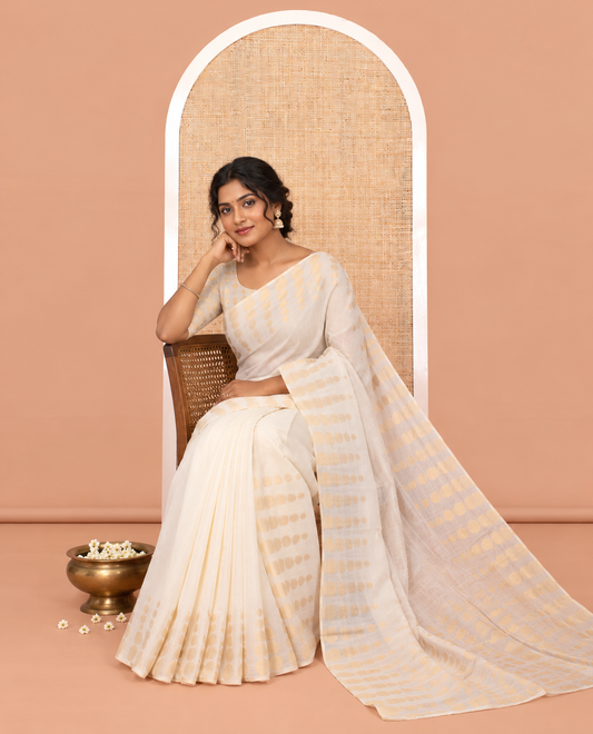 Cream Plain Chanderi Cotton Saree, Highlighted by Coin Zari Motifs Border, and a Matching Blouse