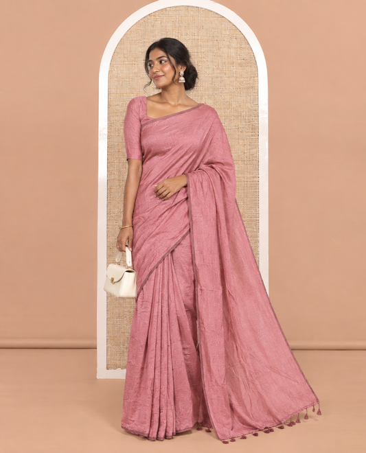 Borderless Onion Pink Vichitra Saree Features Gleaming Sequin Work, and a Matching Blouse