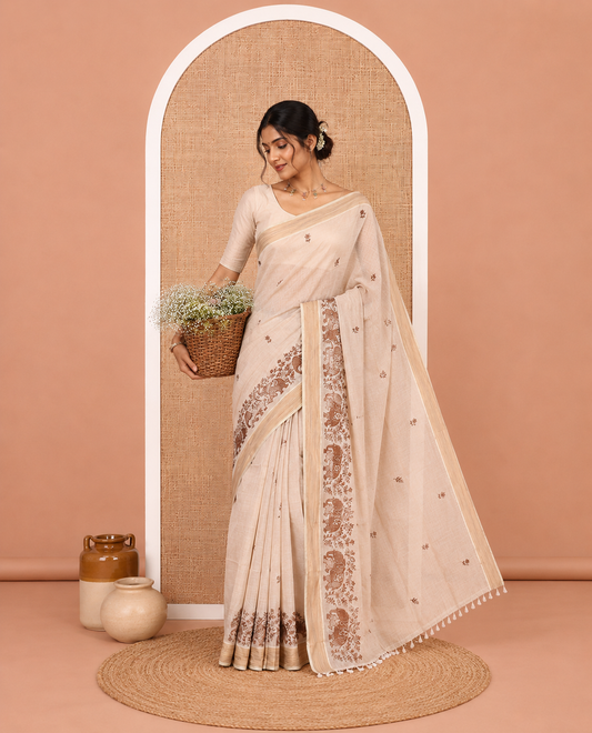 Cream Chanderi Cotton Saree Features Floral-Elephant Embroidery, a Contrast Border, and a Matching Blouse