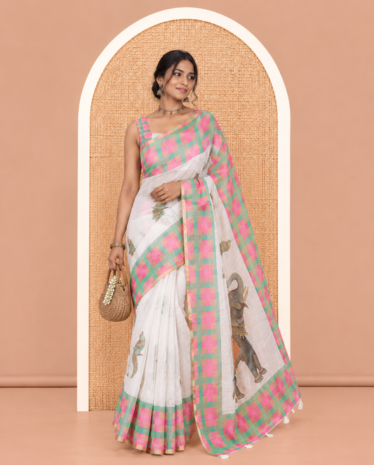 White-Green Linen Cotton Saree