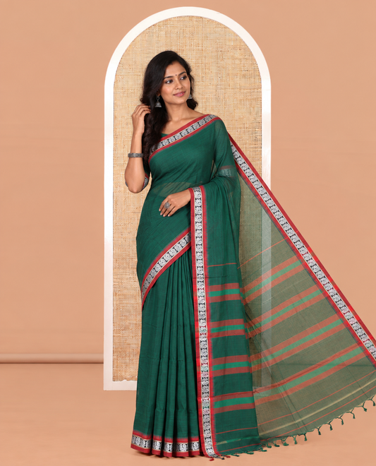 Green Plain Mercerized Cotton Saree, a Contrast Peacock Temple Thread Border, Striped Pallu, and a Matching Blouse