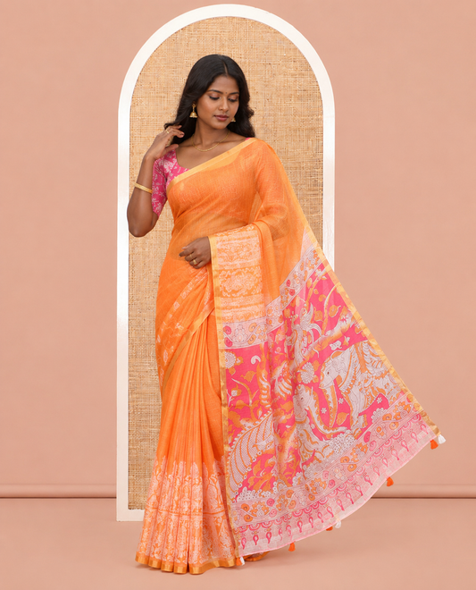 Orange  Linen Cotton Saree Features Kalamkari-Style Human Motifs Print, a Piping Border, Contrast Printed Pallu, and Contrast Blouse