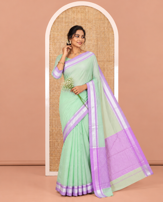 Green Mercerised Cotton Saree with Sparse Stripes, a Contrast Temple Border, Striped Pallu, and a Matching Blouse