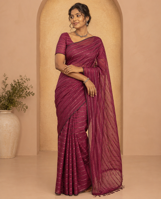 Borderless Purple Vichitra Silk Saree, Adorned with Horizontal Stripes and Sequin Stripes, Paired with a Matching Blouse
