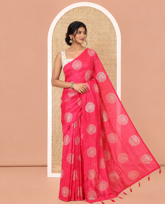Borderless Pink Vichitra Saree Features Rangoli-Style Round Buttas Foil Print and a Contrast Sequins Embroidered Blouse