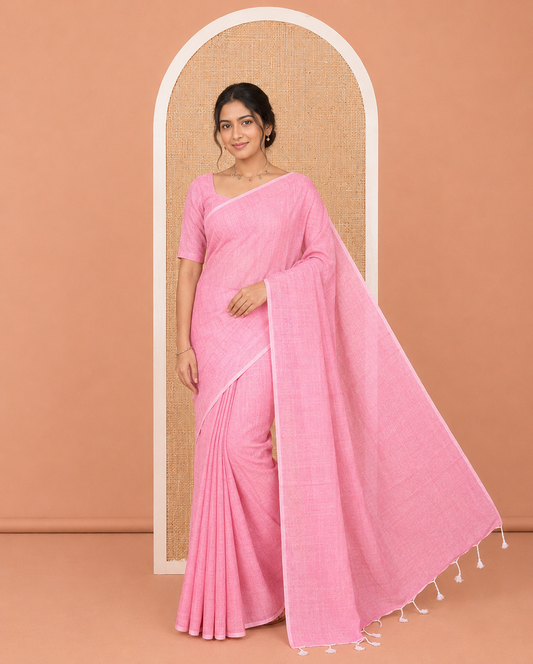 Borderless Pink Plain Khadi Cotton Saree, a Self-Pallu with Tassels, and a Matching Blouse
