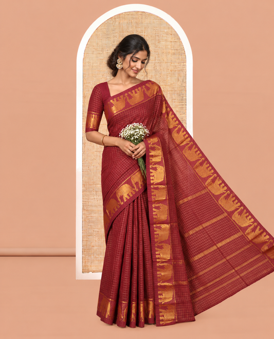 Maroon Checked Sungudi Cotton Saree, an Elephant Zari Border, and a Matching Blouse