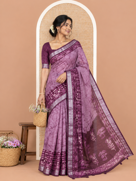 Lavender Jute Linen Cotton Saree, Finely Crafted with Batik Print, Contrast Batik-Printed Zari Border, Batik-Printed Pallu, a Contrast Blouse