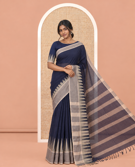 Navy Blue Plain Cotton Saree