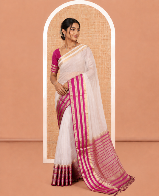 Off-White-Violet Horizontal Striped Semi-Organza Saree, a Contrast Traditional Zari Border, Striped Pallu, and a Contrast Blouse