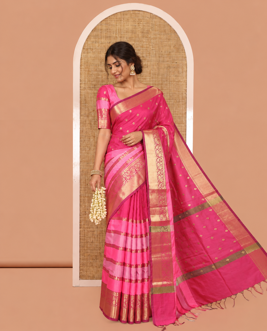 Pink Semi-Katan Silk Saree, Adorned with Zari Designs, Contrast Floral Creeper Border, Self-Pallu, and Matching Blouse