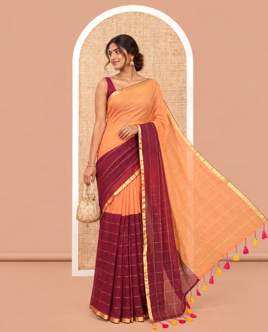 Orange-Purple Khadi Mul Cotton Saree