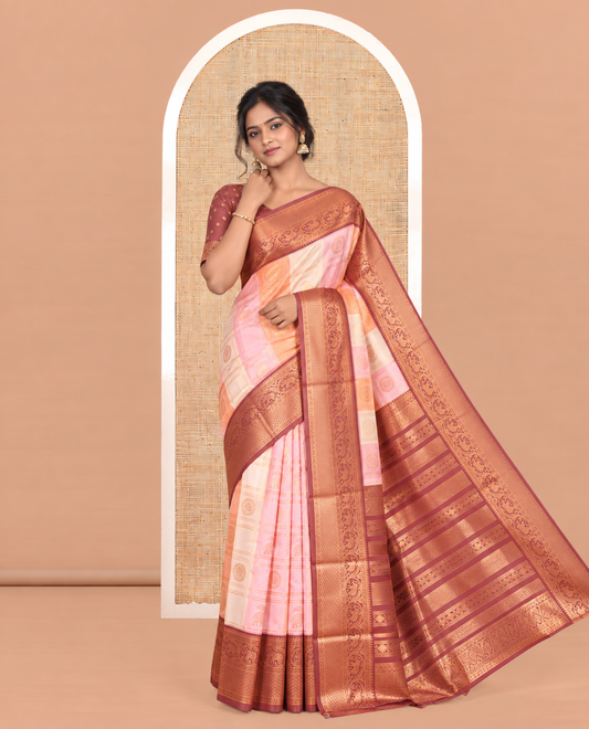 Multi-Color Zari Butta Enclosed Checks Litchi Saree, Adorned with Contrast Traditional Border and Blouse