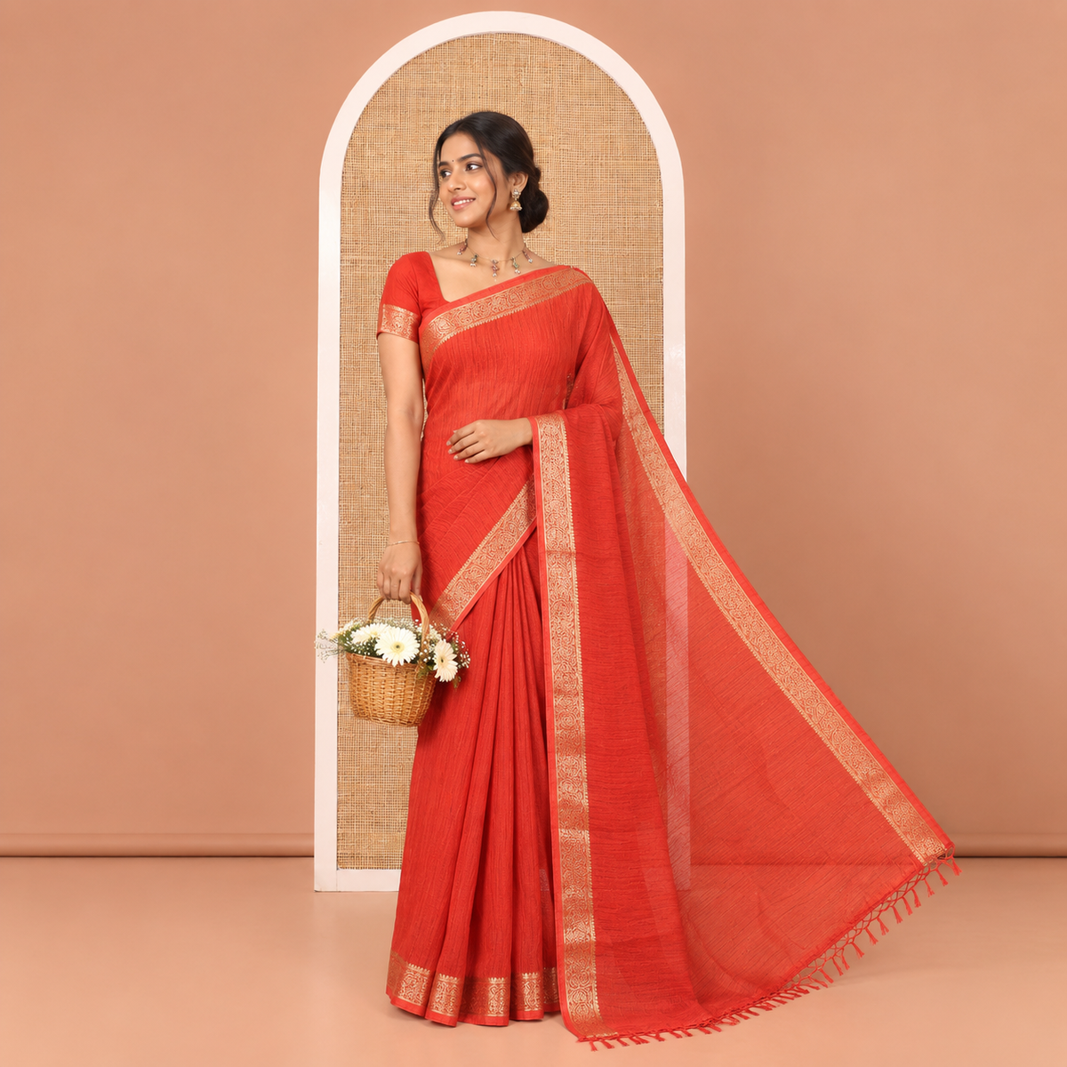 Red Plain Moss Chiffon Saree, Highlighted by a Zari Border of Paisley Designs, a Self-Pallu, and Has No Blouse
