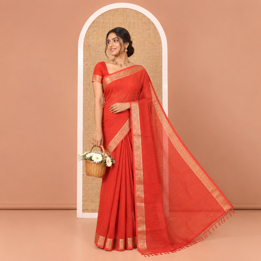 Red Plain Moss Chiffon Saree, Highlighted by a Zari Border of Paisley Designs, a Self-Pallu, and Has No Blouse