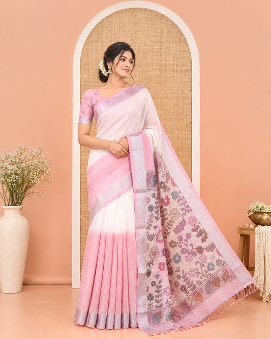 Cream and Pink Linen Cotton Saree, Beautified with Ombre-Style Double-Color Print, Highlighted by Contrast Zari Bavanji Border, Pallu Pictures Floral Prints, and Paired with a Floral Printed Blouse