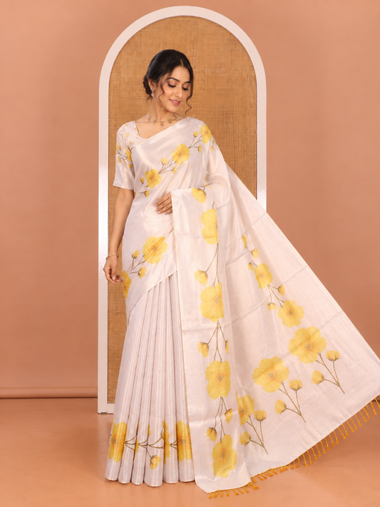 Gold Plain Tissue Saree, Embellished with a Floral Printed Border and a Matching Blouse