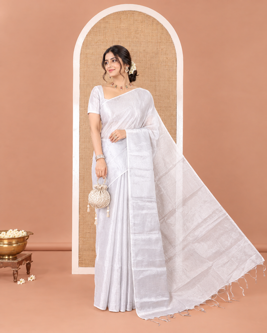 Borderless Silver Plain Khadi Tissue Saree, a Self-Pallu, and Paired with a Matching Blouse