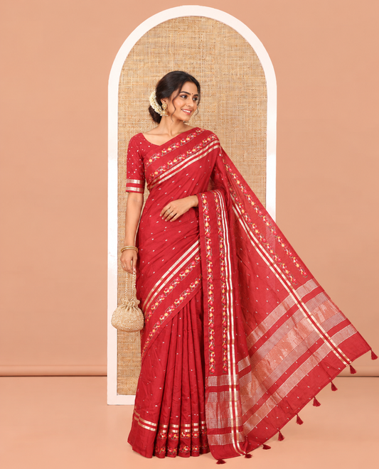 Maroon Assam Silk Saree, Adorned with Buttas on Its Body, Highlighted by a Self-Border of Paithani-Style Floral-Bird Motifs, Zari Striped Pallu, and Paired with a Matching Blouse