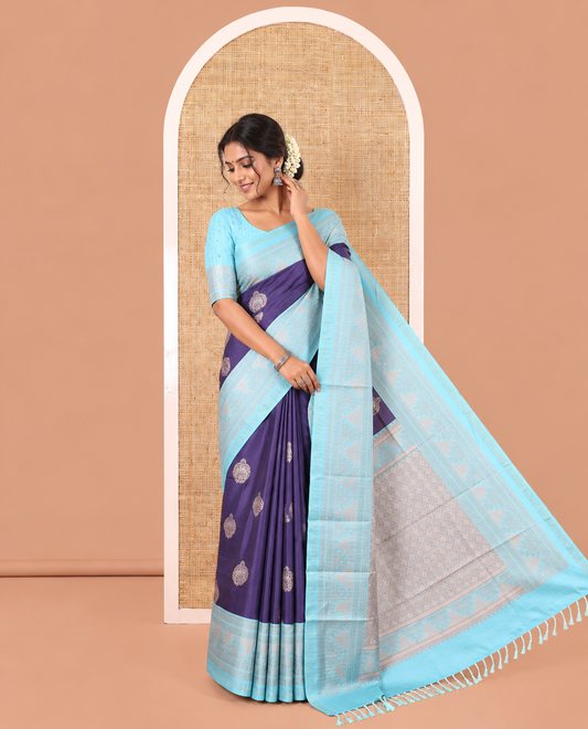 Navy Blue Katan Silk Saree, Adorned with Buttas, Complemented by Contrast Traditional Design Border, Geometric-Patterned Pallu, and a Contrast Blouse
