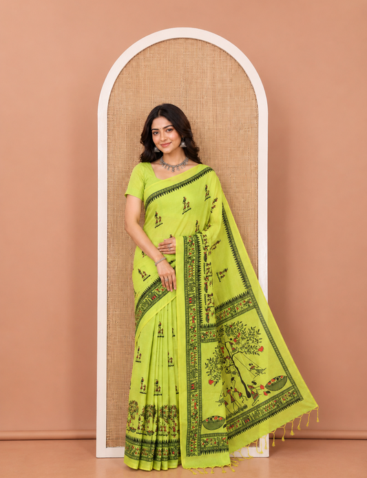 Green Khadi Mul Cotton Saree, Artfully Printed with Warli Motifs All Over Its Body, Highlighted by a Self-Border of Warli Print, Pallu of Warli Print, and Paired with a Matching Blouse
