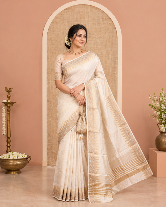 Cream Plain Art Tussar Saree