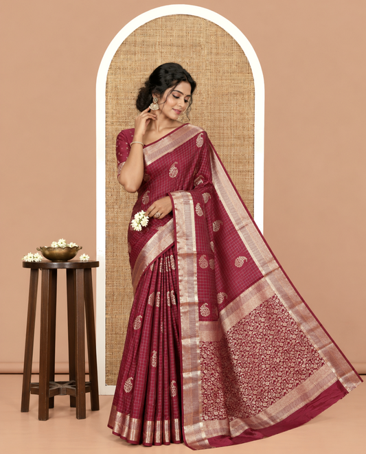 Purple Satin Silk Saree, Enriched with Paisleys and Zari Checked Design on Its Body, Highlighted by Zari Traditional Design Border, Floral Jaal Pallu, and Paired with a Matching Blouse