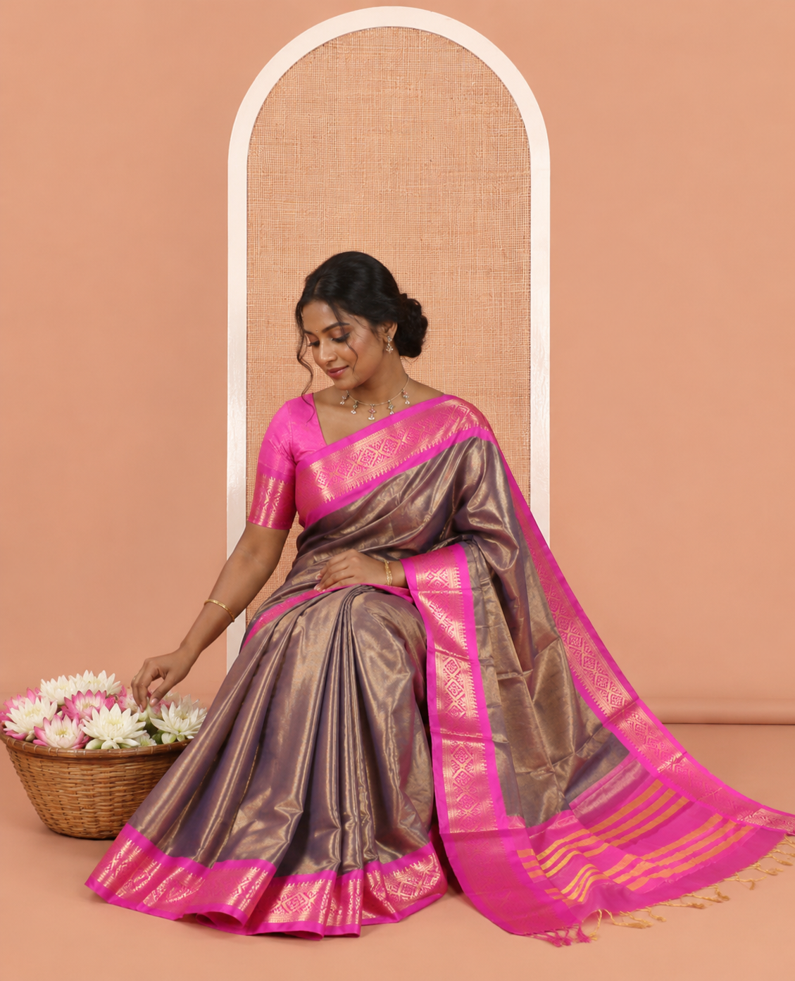 Navy Blue Plain Tissue Cotton Saree, Contrast Traditional Border, Striped Pallu, and Contrast Blouse